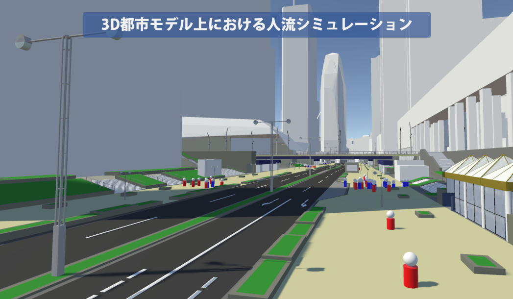 ３D都市モデル上で歩行者の行動を可視化した様子