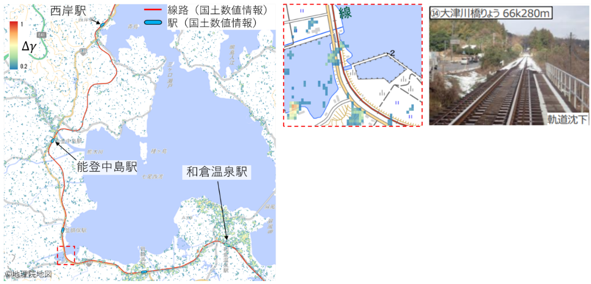 図3 のと鉄道沿線のコヒーレンス変化分布と地震後の大津川橋梁