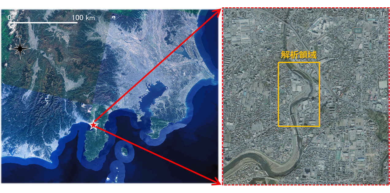 黄瀬川解析対象領域（左：GoogleMap、右：国土地理院）
