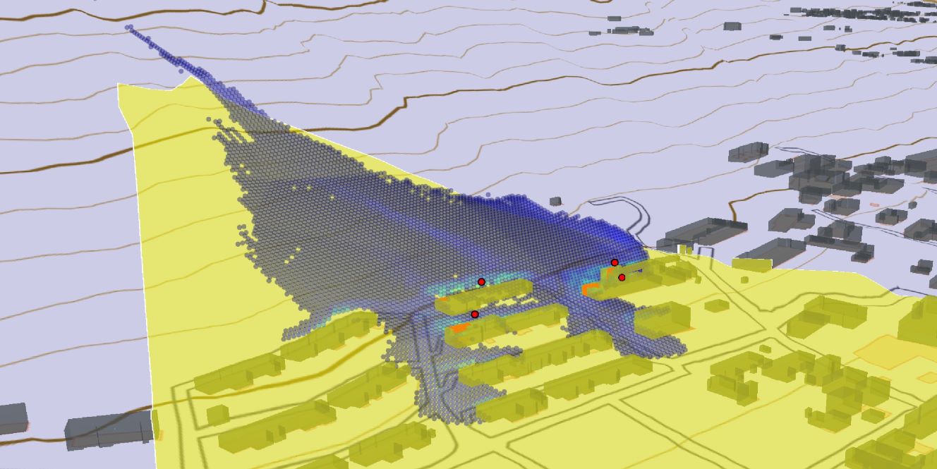 WebGIS上で土石流シミュレーション結果を可視化した様子